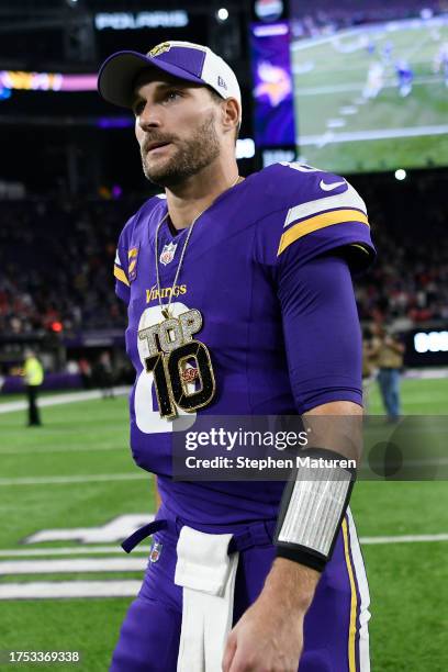 Kirk Cousins of the Minnesota Vikings celebrates a 22-17 win over the San Francisco 49ers at U.S. Bank Stadium on October 23, 2023 in Minneapolis,...