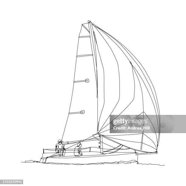 stockillustraties, clipart, cartoons en iconen met continuous line drawing of a racing sailboat and sailing team with editable stroke - spinnaker