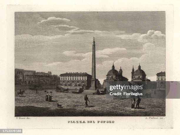 View of the Piazza del Popolo, Rome, with ancient obelisk from Heliopolis, Egypt. Copperplate engraving by A. Parboni after an illustration by...