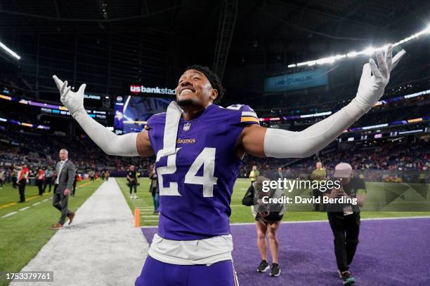 Camryn Bynum of the Minnesota Vikings celebrates a 22-17 win over the San Francisco 49ers at U.S. Bank Stadium on October 23, 2023 in Minneapolis,...