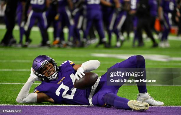 Camryn Bynum of the Minnesota Vikings celebrates his game ending interception against the San Francisco 49ers at U.S. Bank Stadium on October 23,...