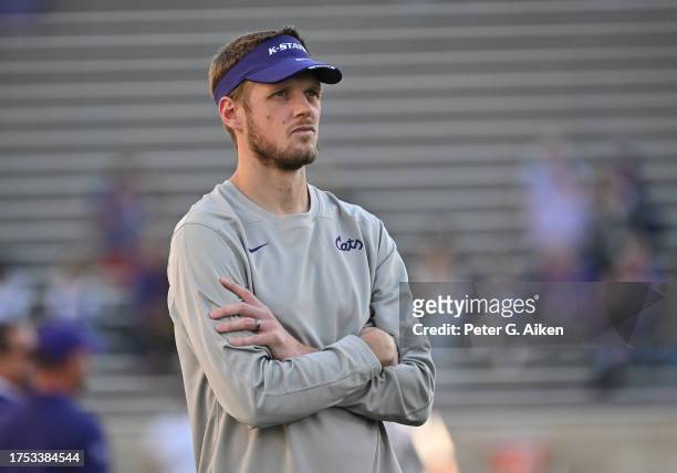 Kansas State Wildcats Offensive Coordinator Collin Klein looks on before a game against the TCU Horned Frogs at Bill Snyder Family Football Stadium...