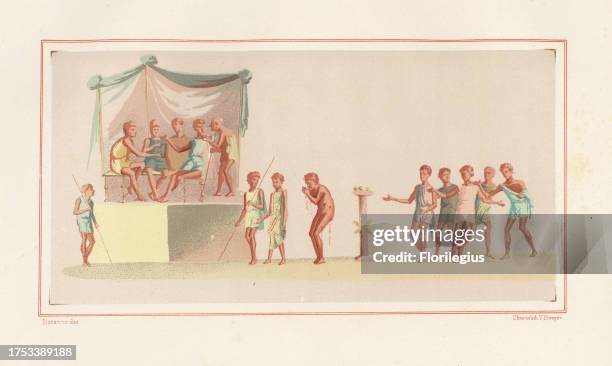 Painted scene of a feast day from the new fullonica , Regio VI, Insula XIV, 21. Chromolithograph by Victor Steeger after an illustration by Geremia...