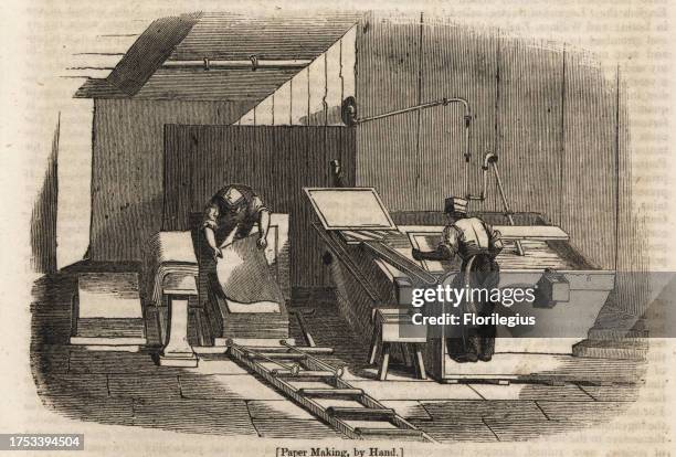 Paper-making by hand at Hollingworth's Turkey Mill, Maidstone. Workers making sheets of rag paper and drying them. Woodblock engraving from the Penny...
