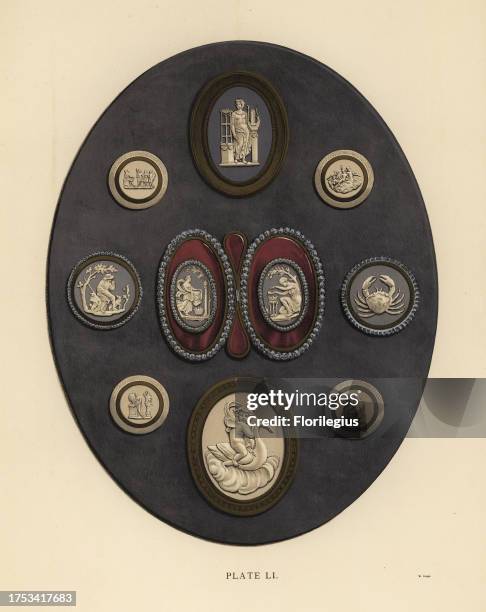 Medallions mounted in gold and steel. Subjects include nymphs sacrificing to Peace, Apollo with lyre, Cupid on a swan, Cancer Zodiac sign,...