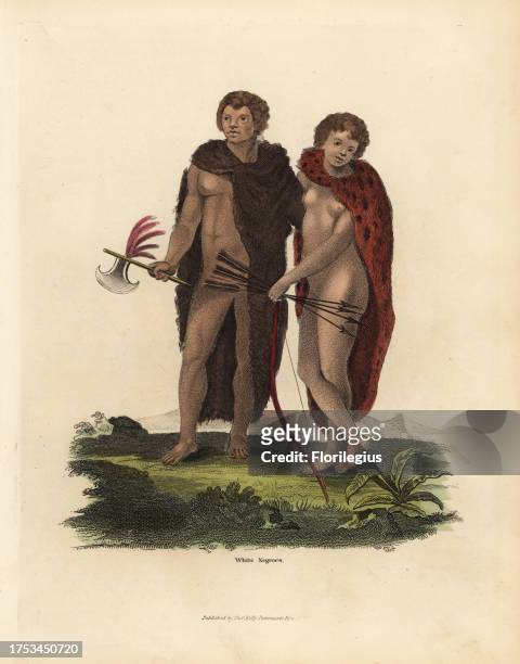 Albino African man and woman with axe, bow and arrows. White Negroes. Handcoloured copperplate engraving from William Smellie's translation of Count...