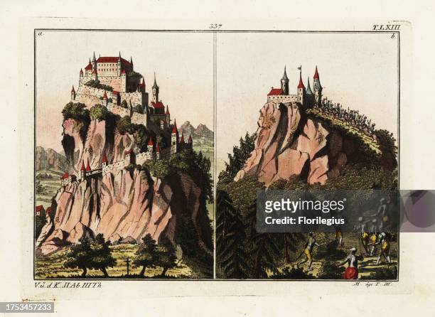 Two perfect knight's mountaintop fortress castles in Austria. Copied from Matthaeus Merian's Topographie von Osterreich, 1649. Handcoloured...