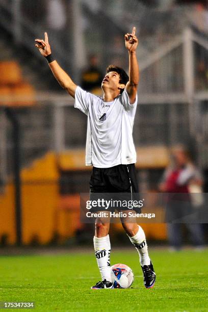 Dudu of Bragantino celebrates a scored goal during the match between Palmeiras and Bragantino for the Brazilian Championship Serie B 2013 at Pacaembu...