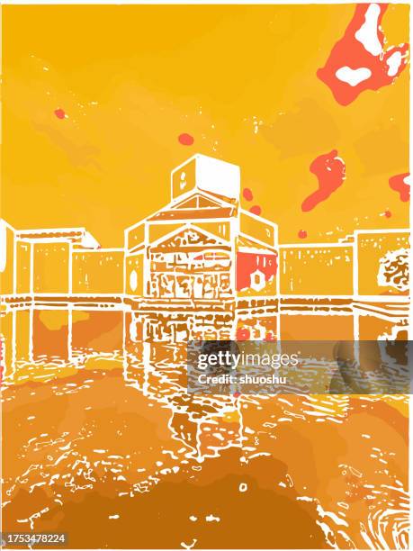 contemporary art illustration artwork background,watercolors modern city art architecture,suzhou museum building - acrylic painting stock illustrations
