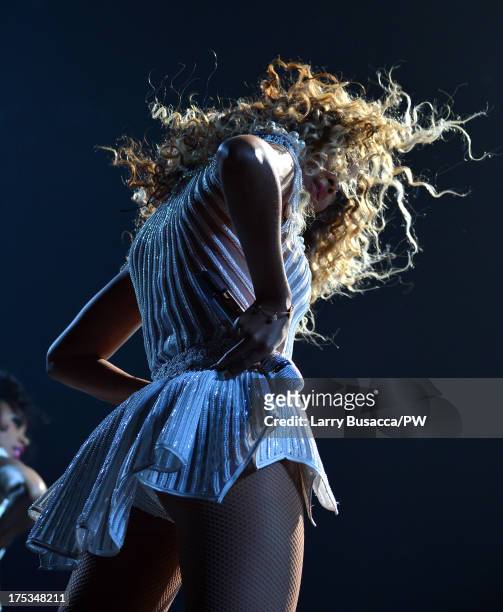Entertainer Beyonce performs on stage during "The Mrs. Carter Show World Tour" at the Mohegan Sun Arena on August 2, 2013 in Uncasville, Connecticut....