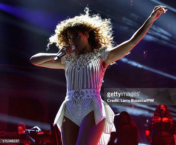 Entertainer Beyonce performs on stage during "The Mrs. Carter Show World Tour" at the Mohegan Sun Arena on August 2, 2013 in Uncasville, Connecticut....