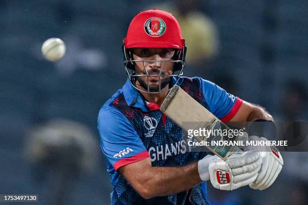 Afghanistan's Rahmat Shah plays a shot during the 2023 ICC Men's Cricket World Cup one-day international match between Afghanistan and Sri Lanka at...