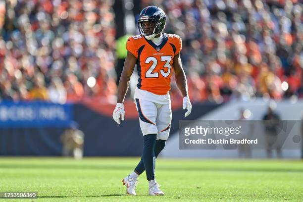 Cornerback Fabian Moreau of the Denver Broncos lines up on defense in the first quarter against the Green Bay Packers at Empower Field at Mile High...
