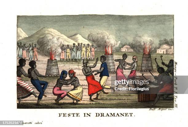 Mandinka people dancing to drums in a festival in Dramanet, Kingdom of Galam . From Mungo Park's Travels in the Interior of Africa. Copperplate...