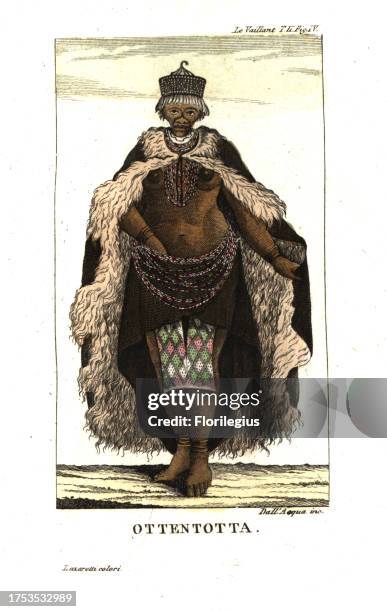 Khoikhoi woman in full dress of fur cape, beaded skirt, anklets, necklaces. From Francois Le Vaillant's Second Voyage into the Interior of Africa....