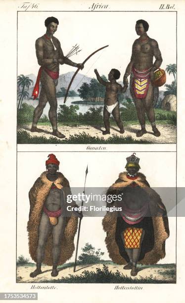 Natives of Gona above, man with bow and arrow, woman with beaded apron, child in loincloth, and Khoikhoi man in fur cape with spear and Khoikhoi...