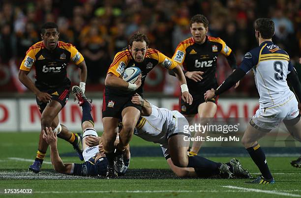 Andrew Horrell of the Chiefs in action during a Super Rugby Final match between the Chiefs and the Brumbies at Waikato Stadium on August 3, 2013 in...