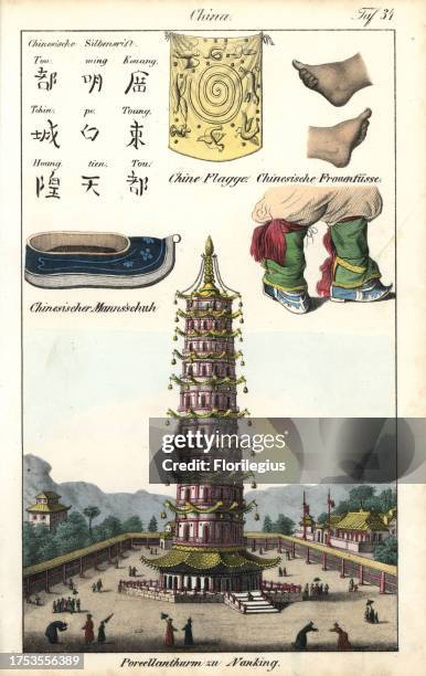 Chinese flag, women's shoes and feet, men's shoe, Chinese writing characters and the Porcelain Pagoda at Nanking built during the Ming dynasty....