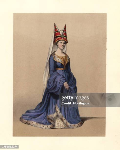 Horned headdress of the 15th century, reign of Edward IV 1461-1483. She wears a blue dress with voluminous sleeves, lined with ermine. Based on a...