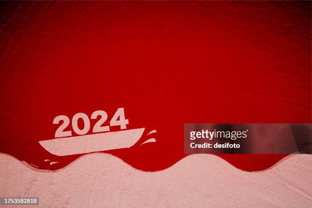 bright glowing comic or cartoon type christmas or new year or valentine red maroon backgrounds with textured effect and rough scratches all over having a graffiti of one pale faded white boat or yacht sailing over tide of waves with text 2024 - vector textured effect grunge stock illustrations