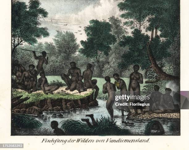 Naked aborigine Palawa or Palervar men and women fishing in a river in Van Diemen's land, Tasmania. Handcoloured lithograph from Friedrich Wilhelm...