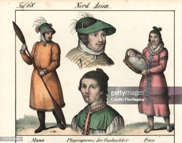 Aleuts from Unalaska island. Man in fur-lined coat with canoe paddle, and woman with baby in papoose. Portraits of both showing facial decoration,...