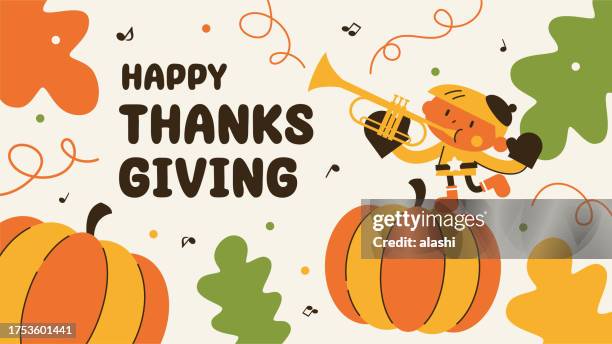 a cute boy on a big pumpkin playing the trumpet at the thanksgiving day parade - kawaii food stock illustrations