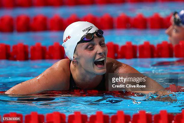 Francesca Halsall of Great Britain reacts after competing during the Swimming Women's 50m Freestyle preliminaries heat seven on day fifteen of the...