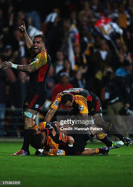 Liam Messam of the Chiefs celebrates the try of Robbie Robinson during a Super Rugby Final match between the Chiefs and the Brumbies at Waikato...