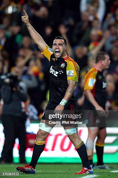 Liam Messam of the Chiefs celebrates on full time during the Super Rugby Final match between the Chiefs and the Brumbies at Waikato Stadium on August...