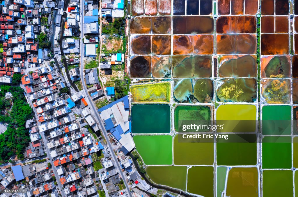 Aerial beautiful sea salt fields