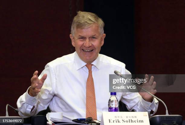 Erik Solheim, Vice Chairman of Europe-Asia Center, speaks during the 8th China Global Think Tank Innovation Forum on October 23, 2023 in Beijing,...