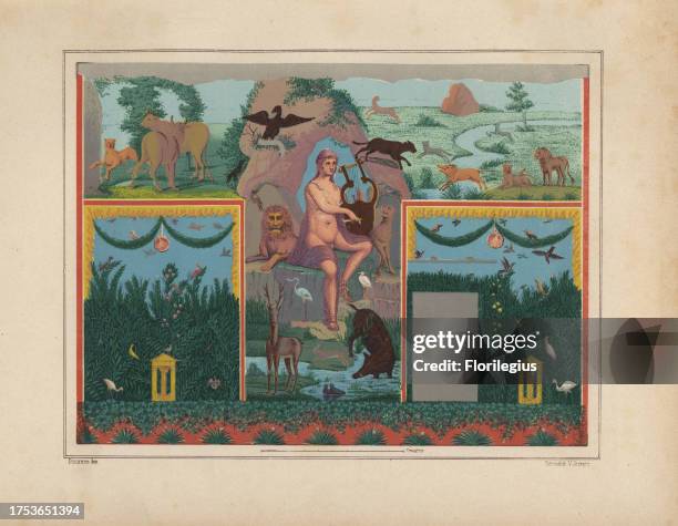 Wall painting of Orpheus with lyre from viridarium of the House of Vesonius Primus, a fuller. He is surrounded by animals including a lion, cougar,...