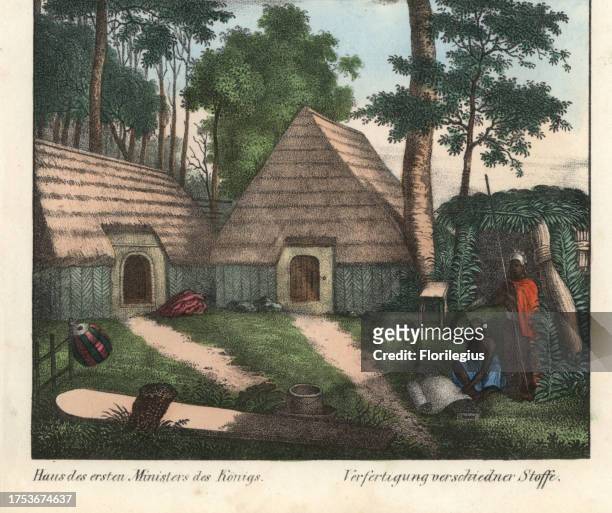 House of the first minister to the king, Sandwich Island , with guard and woman making various materials. Handcoloured lithograph from Friedrich...