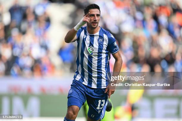 Lars Stindl of Karlsruher SC celebrates after scoring his team`s first goal during the Second Bundesliga match between Karlsruher SC and FC Schalke...