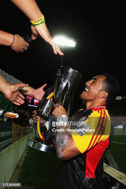 Bundee Aki of the Chiefs celebrates after winning the Super Rugby Final match between the Chiefs and the Brumbies at Waikato Stadium on August 3,...