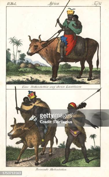 Khoikhoi woman and child riding a bull, and traveling Khoikhoi wearing fur capes, the woman riding a bull and the man walking with spear and...