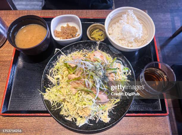 steamed chicken ume-oroshi teishoku - takuan stockfoto's en -beelden