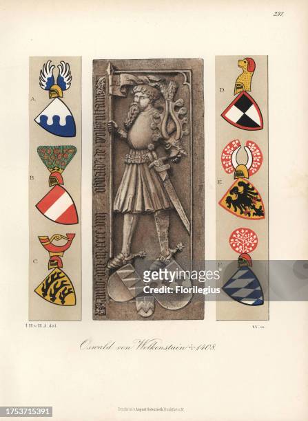 Knight in armour with lance and sword from the 15th century with border of heraldic shields. Gravestone of Oswald von Wolkenstein, 1408....
