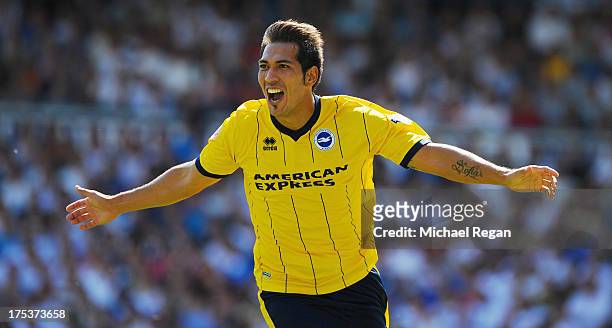 Leonardo Ulloa of Brighton celebrates scoring to make it 1-0 during the Sky Bet Championship match between Leeds United and Brighton & Hove Albion at...