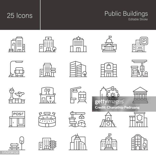 public buildings line icon set. 25 editable stroke vector graphic elements, stock illustration icon, building exterior, city, office, business - police station stock illustrations