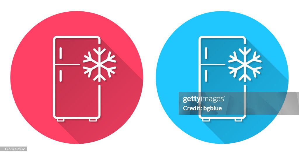 Fridge with snowflake. Round icon with long shadow on red or blue background