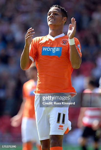 Tom Ince of Blackpool during the Sky Bet Championship match between Doncaster Rovers and Blackpool at Keepmoat Stadium on August 03, 2013 in...