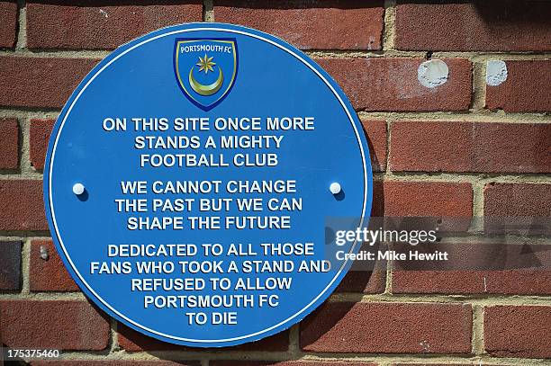 New plaque on the wall of Fratton Park ahead of the Sky Bet League Two match between Portsmouth and Oxford United at Fratton Park on August 03, 2013...