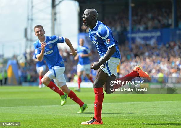 Patrick Agyemang of Portsmouth celebrates after opening the scoring during the Sky Bet League Two match between Portsmouth and Oxford United at...