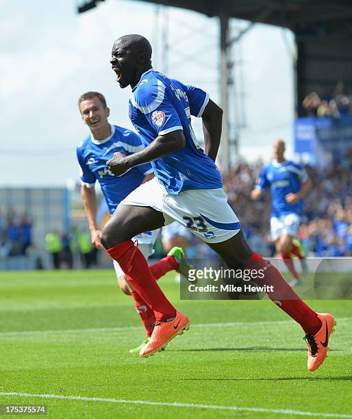 Patrick Agyemang of Portsmouth celebrates after opening the scoring during the Sky Bet League Two match between Portsmouth and Oxford United at...