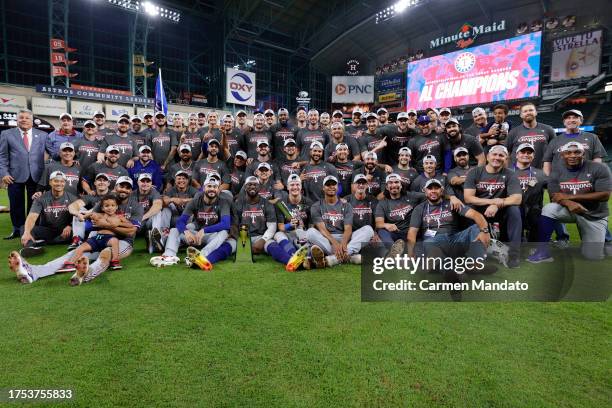 Members of the Texas Rangers pose for a photo after Game 7 of the ALCS between the Texas Rangers and the Houston Astros at Minute Maid Park on...