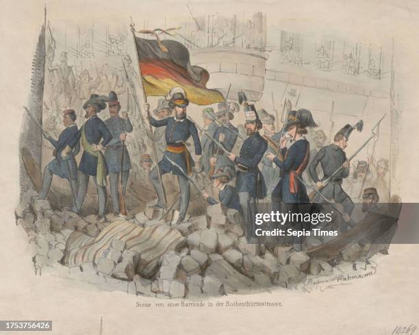 Scene from a barricade in Rothenthurmstrasse. , B. Bachmann-Hohmann, lithographer, Ludwig Christian Förster , printer paper, colored, chalk...