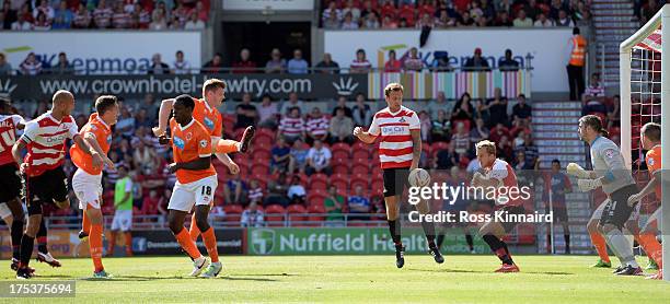 Rob Jones of Doncaster scores a goal during the Sky Bet Championship match between Doncaster Rovers and Blackpool at Keepmoat Stadium on August 03,...