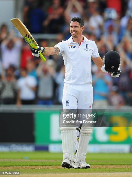 Kevin Pietersen of England celebrates his century during day three of the 3rd Investec Ashes Test match between England and Australia at Emirates Old...